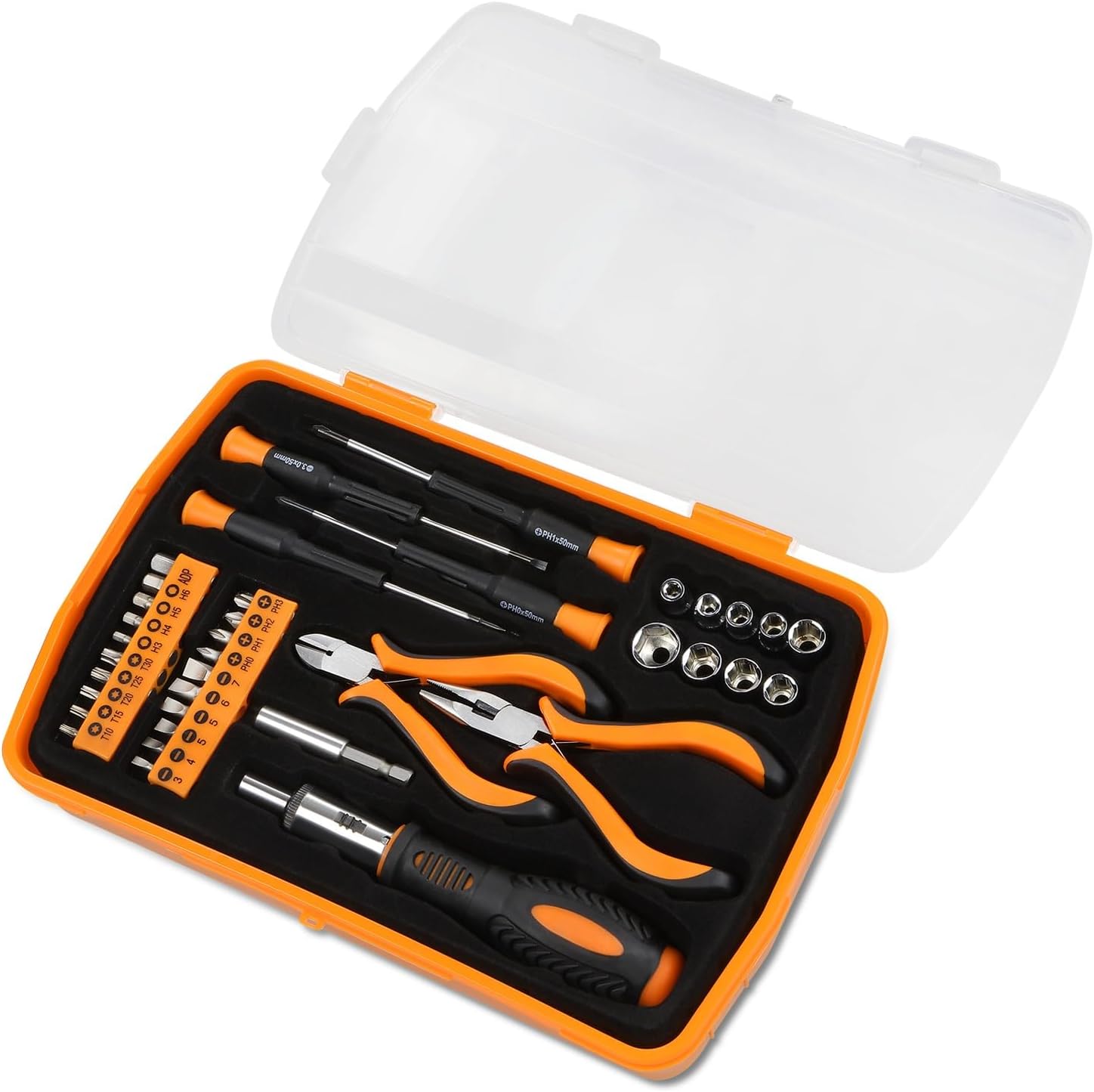 61IT-VuSuL._AC_SL1500_.jpg Tool Kit for Home 37Pcs, Home Repair Tool with Precision Screwdriver Socket and Ratchet Bit Driver Tool Set, All in One Plastic Storage Case for Garage, Warehouse, Auto Repair (Orange) - Image 1