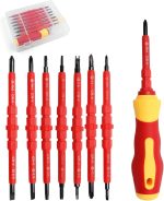 7-in-1 Magnetic Screwdriver Set, Red and Yellow, Insulated Handle, Chrome Vanadium Steel, 7.8 Inch Length, Interchangeable Tips, Electrician Tool Kit with Storage Case