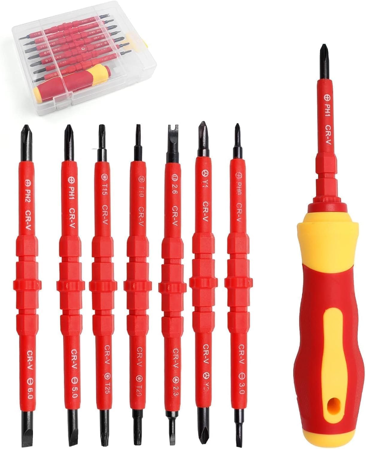 61S80noKwIL._AC_SL1500_.jpg 7-in-1 Magnetic Screwdriver Set, Red and Yellow, Insulated Handle, Chrome Vanadium Steel, 7.8 Inch Length, Interchangeable Tips, Electrician Tool Kit with Storage Case - Image 1