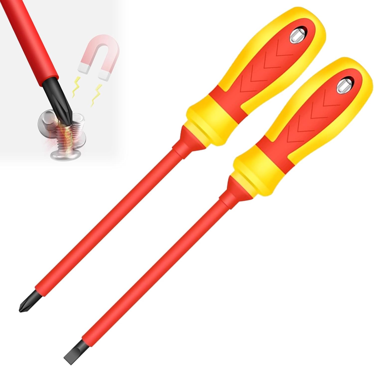 61UijOcMGHL._AC_SL1500_.jpg 2Pcs Magnetic Screwdrivers Set Phillips and Flat Screwdriver, 1000v Insulated Screwdrivers 4 Inch Multi-purpose Cross Slot Screwdriver Set Cushion Grip Handle for Electricians - Image 1