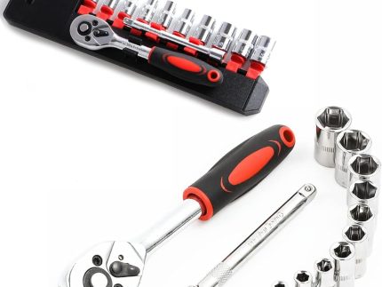 1/4” Ratchet Socket Wrench Set, Mechanic Tool Kit and Sockets Set with Quick Release Reversible Ratchet Handle and Extension Bar, 12 Pcs Set