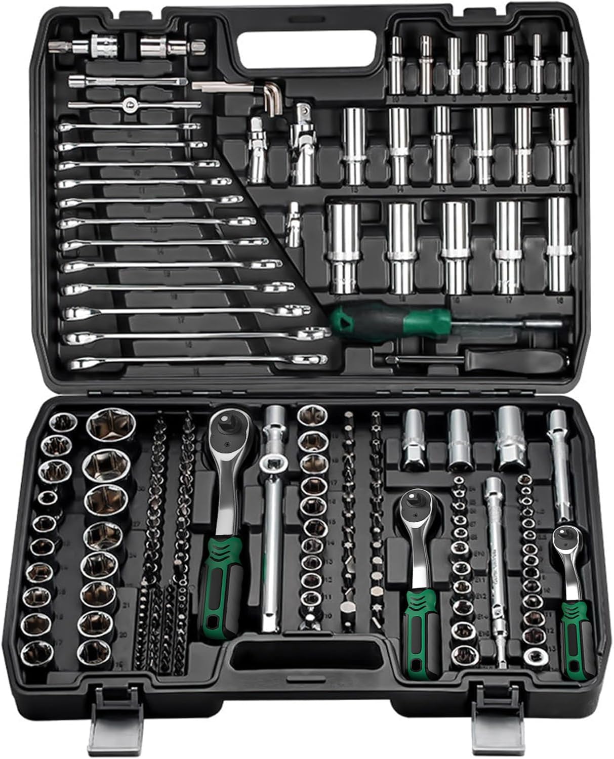 71-JFvy1tlL._AC_SL1500_.jpg Mechanic Tools For Car - 216pcs Ratchet Socket Wrench Sets, Wrench And Socket Set, 72-Tooth Reversible Ratchet Wrench with Universal Joint And Extension Bars, Mechanics wrench Tool Set for Automotive - Image 1