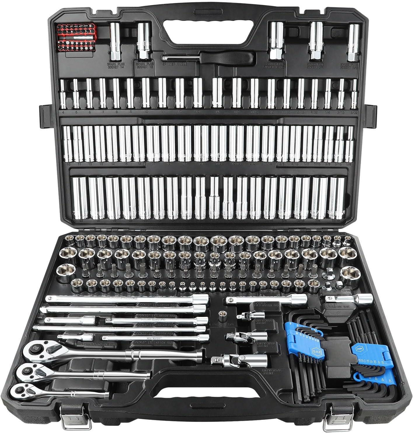 81NiDItXOqL._AC_SL1500_.jpg 225PCS Mechanic Tool Set, 1/4" & 3/8" & 1/2" Drive Socket Wrench Set, Metric and Standard Full Socket Set, with 90-Tooth Ratchet, Auto and Bike Repair with Heavy Duty Case - Image 1