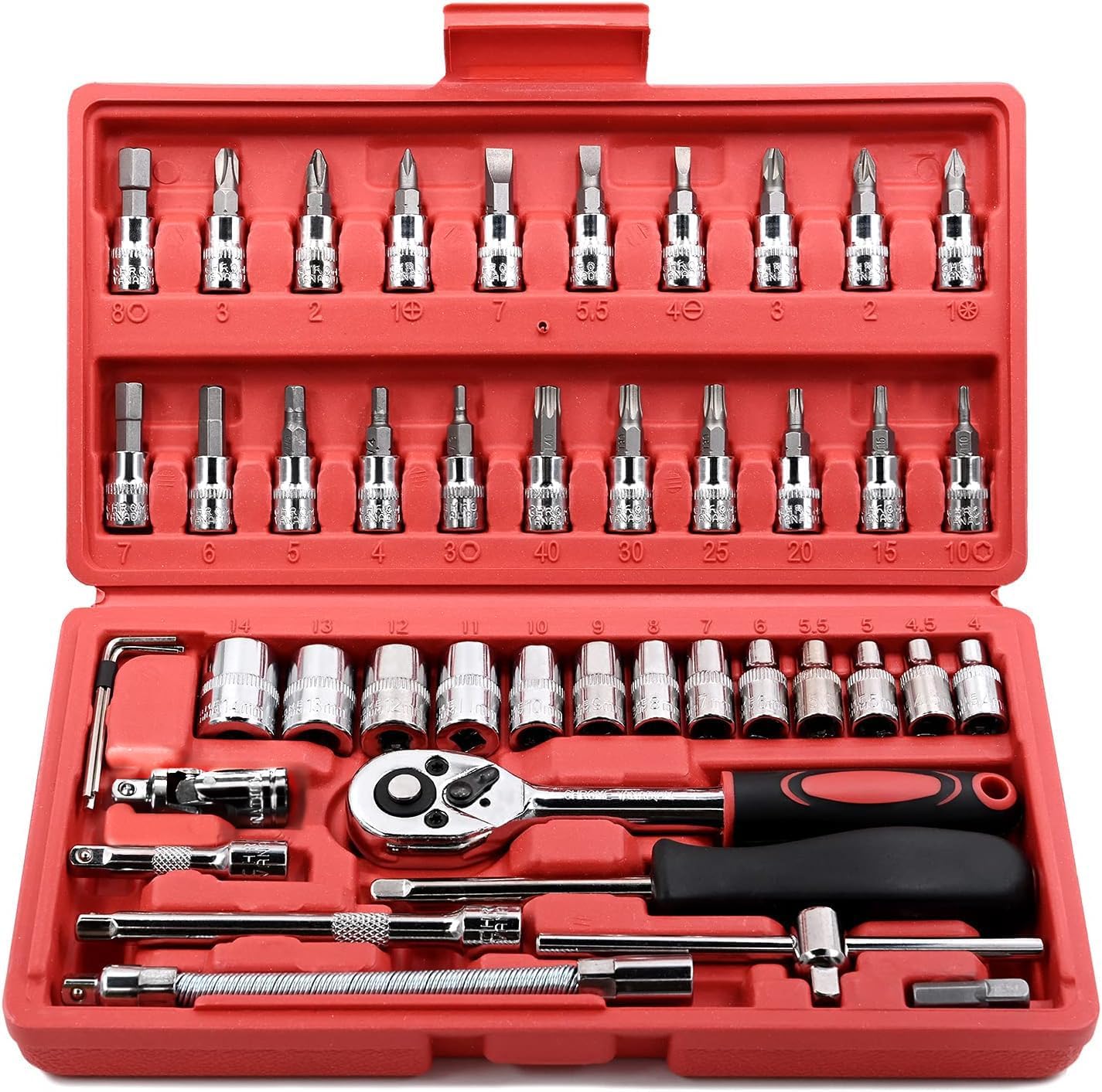 81vDzUYxbyL._AC_SL1425_.jpg 46 Pieces 1/4 inch Drive Socket Ratchet Wrench Set, with Bit Socket Set Metric and Extension Bar for Auto Repairing and Household, with Storage Case - Image 1